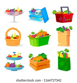 Fruit Basket Vector Set. Vegetables And Fruits Different Kind Of Storage. Fruit Plate. Food Container, Transparent. Plastic Pack Of Food Box For Storing. Package For Food Storage. . Fruitful Set. 