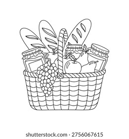 Fruit Basket with Vegetables Line Art Illustration Healthy Food Coloring Page