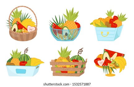Fruit Basket Wealth Vector Illustrated Set On White Background
