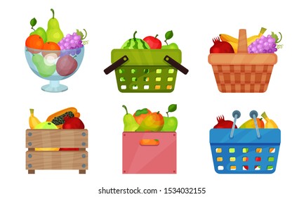 Fruit Basket Wealth Vector Illustrated Set On White Background.