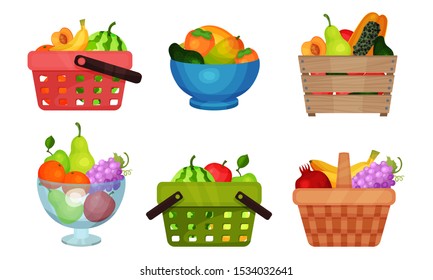 Fruit Basket Wealth Vector Illustrated Set On White Background.