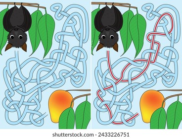Fruit bat maze for kids with a solution