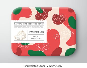 Caja de paquete de cosméticos de baño de frutas. Contenedor de papel envuelto vectorial con diseño de etiqueta de cuidado. Tipografía moderna y sandía dibujada a mano. Diseño de patrón de fondo de camuflaje abstracto. Aislado