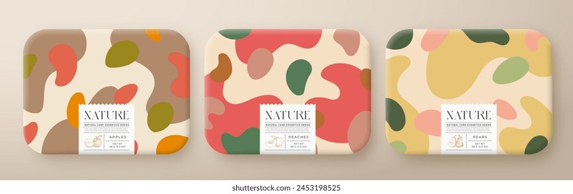 Fruit Bath Cosmetics Package Boxes Set. Vector Wrapped Paper Containers with Care Label Design. Modern Typography and Hand Drawn Apples, Pears, Peach. Abstract Camo Background Pattern Layout. Isolated