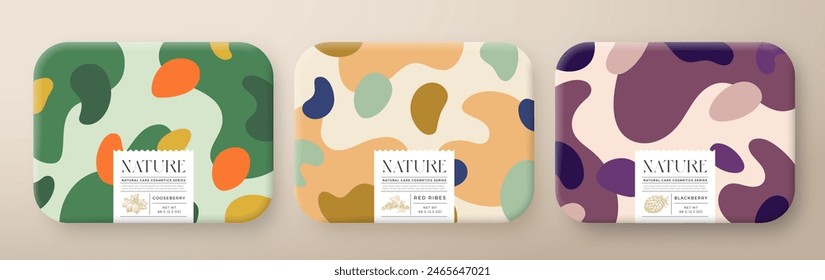 Conjunto de cajas de paquete de cosméticos de baño de frutas. Contenedores de papel envueltos en Vector con diseño de etiqueta de cuidado. Tipografía moderna y bayas dibujadas a mano. Diseño Abstractas Del Patrón De Fondo Del Camo. Aislado