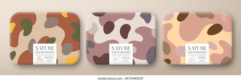 Conjunto de cajas de paquete de cosméticos de baño de frutas. Contenedores de papel envueltos en Vector con diseño de etiqueta de cuidado. Tipografía moderna y nueces dibujadas a mano, vainilla. Diseño Abstractas Del Patrón De Fondo Del Camo. Aislado