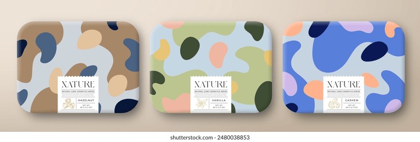 Fruit Bath Cosmetics Package Boxes Set. Vector Wrapped Paper Containers with Care Label Design. Modern Typography and Hand Drawn Nuts, Vanilla. Abstract Camo Background Pattern Layout. Isolated