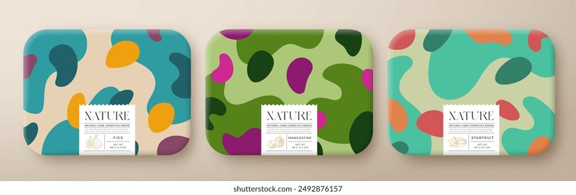 Conjunto de cajas de paquete de cosméticos de baño de frutas. Contenedores de papel envueltos en Vector con diseño de etiqueta de cuidado. Tipografía moderna e higos dibujados a mano, Kumquat. Diseño Abstractas Del Patrón De Fondo Del Camo. Aislado