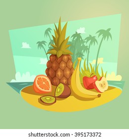 Fruit and beach cartoon concept with banana orange and apple vector illustration