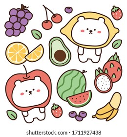 Fruit and bear hand drawn on white background.Grapes,apple,dragon fruit,lemon,banana.kiwi,waterlemon,strawberry doodle.Image for card,sticker.Kawaii.Isolated objects.Vector.Illustration.