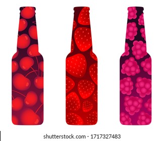 Fruit beer bottles: cherry, strawberry and raspberry flavours. Berry patterns. Vector illustration isolated on white. Set of 3.