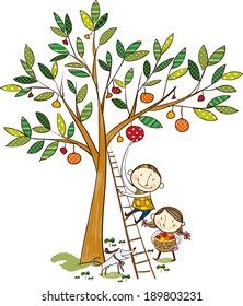 Los niños están recogiendo la fruta 