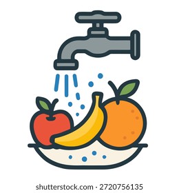 Fruit being washed under a faucet icon, hygiene and fresh food concept.