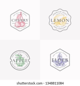 Fruit and Berries Badges or Logo Templates. Set Hand Drawn Lemon, Cherry, Apple and Elderberry Sketch with Leaf Retro Typography and Borders. Vintage Premium Emblems. Isolated.