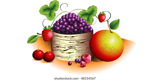 Fruit and berries in a bast basket on a white background