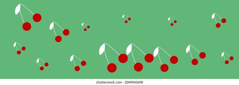 Fruit Berries Bright Tasty Repeat Spring White Wallpaper. Green Vintage Dessert Colorful Healthy Sweet Vitamin Summer Ornament. Cherries Cute Retro Negative Red Print Textile Pattern Illustration.