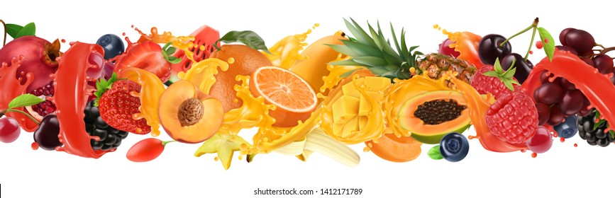 Fruit and berries burst. Splash of juice. Sweet tropical fruits and mixed berries. Orange, mango, banana, pineapple, strawberry, cherry. 3d vector realistic set