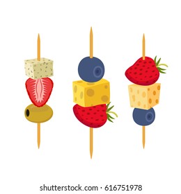 Fruit, berries canapes. Snack, appetizer for restaurants, buffet. Cartoon flat style.