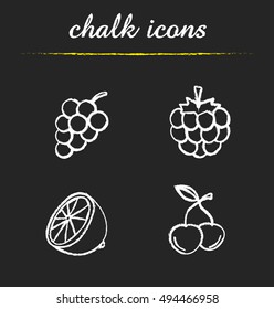 Fruit and berries chalk icons set. Bunch of grapes, raspberry, cutted lemon, cherries. Isolated vector chalkboard illustrations