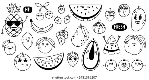 Personajes de frutas y bayas emoción cara colección de línea negra. Coloración infantil. Ilustración vectorial con trazo editable