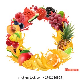 Fruit And Berries Circle Frame. Splash Of Juice. 3d Vector Realistic Objects. Watermelon, Banana, Pineapple, Strawberry, Orange, Mango, Grapes