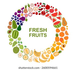Fruit and berries circle frame with text fresh fruit.  Banana, apple, orange, lemon, pineapple, mango, watermelon, kiwi, peach, pineapple, pomegranate.  Flat Vector illustration on white background