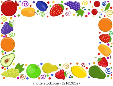 Fruit berries copy space frame. Fresh raspberry strawberry blackberry, bramble, dewberry grapes lemon peach pomegranate cherry apricot apple pear plum orange avocado. Healthy food flat icons border