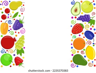 Fruit berries copy space frame. Fresh raspberry strawberry blackberry, bramble, dewberry grapes lemon peach pomegranate cherry apricot apple pear plum orange avocado. Healthy food flat icons border