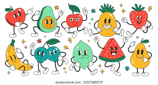 Fruta y bayas lindo emoticono feliz personaje de caricatura con alegre expresión facial doodle aislado. Especies tropicales exóticas y jugosas huertas kawaii emoji mascot ilustración vectorial