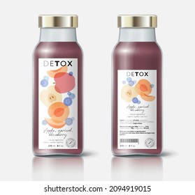 Fruit and berries detox. Apple, blueberry and apricot mix. Beautiful transparency whole and cut fruits. Bottle template with face and back labels.