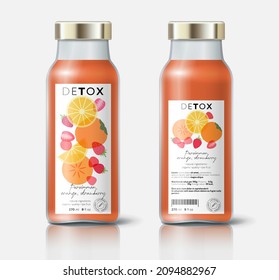 Fruit and berries detox. Persimmon, strawberry and orange mix. Beautiful transparency whole and cut fruits. Bottle template with face and back labels.
