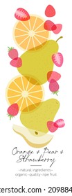 Fruit and berries detox. Strawberry, orange and pear mix. Beautiful transparency whole and cut fruits.