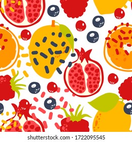 Patrón transparente de vectores de Doodle Fruit and Berries. Diseño brillante para papeles pintados y textiles