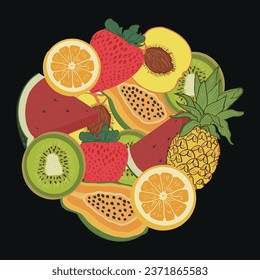 Fruit and berries drawn icons vector set. Illustration of Sweet fruits. Grapes, strawberry, blackberry, cherry, watermelon, pineapple, papaya, mango, apple, banana, orange, lime.