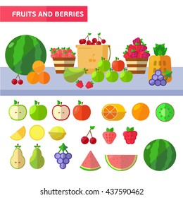 Fruit and berries flat icon set. Vector illustration.