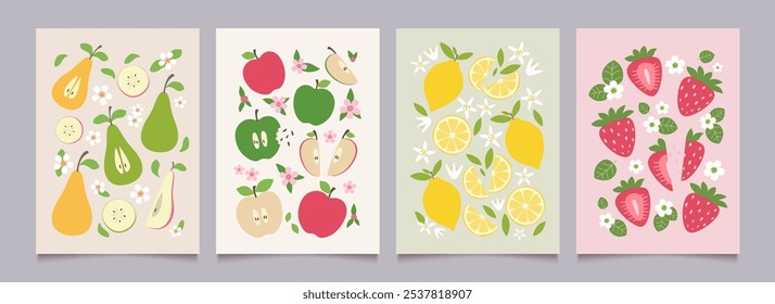 Obst, Beeren und Blumenplakate. Sommerhintergründe mit Birne, Apfel, Zitrone, Erdbeere im minimalistischen Design. Flache Vektorgrafik.
