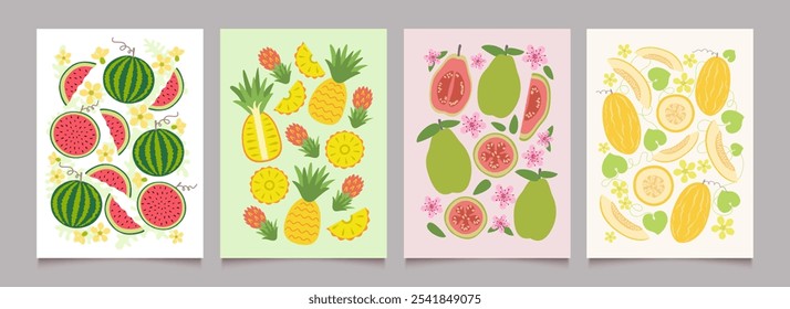 Conjunto de afiches de frutas, bayas y flores. Fondos de verano con sandía, piña, guayaba, melón en diseño minimalista. Ilustración vectorial plana.
