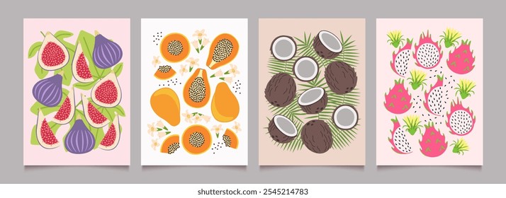 Frutas, bagas e cartazes de flores. Fundo de modelo de verão abstrato com figos, mamão, coco, pitahaya em design minimalista. Ilustração simples de vetor plano.
