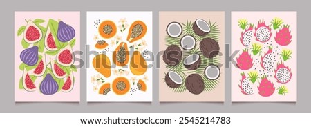 Fruit, berries and flower posters set. Abstract summer template backgrounds with figs, papaya, coconut, pitahaya in minimalist design. Simple flat vector illustration.
