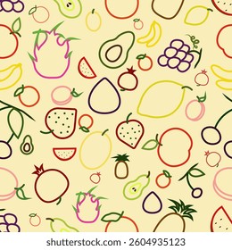 Fruit and berries food seamless pattern. Colorful vector illustration for package, cover, label, textile design. Decorative wallpaper with different summer fruits, strawberry, bananas, apples etc.