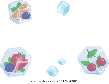 Fruit and berries frozen inside ice cubes, fresh summer concept. Refreshing ingredients for drinks vector illustration.