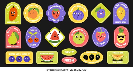 Fruit and berries funky cartoon stickers. Comic character food, slogan, quotes. Summer juicy sticker pack. Vector illustration