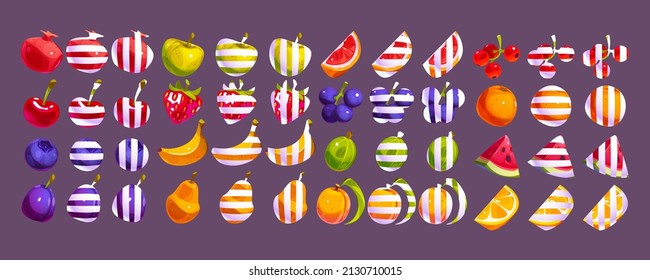 Fruit and berries game icons for casino or mobile app. Blueberry, strawberry, orange, grapefruit, apple, lemon, garnet, cherry, plum, gooseberry, currant, watermelon, pear, banana, apricot ui elements