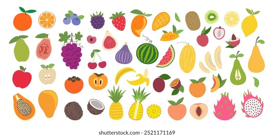 Fruit and berries hand drawn big set. Illustration pack in flat design. Sticker collection. Icons in modern abstract minimal style.
