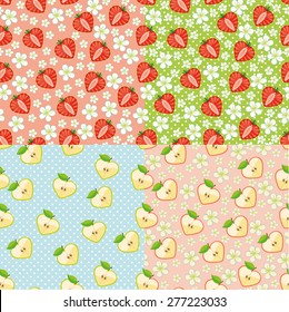 Fruit ,berries heart shaped on flowers  background .Seamless pattern set.Retro Cartoon  ornament, background, wrap,Wallpaper,fabric,baby fashion. Pastel colors.Spring,summer harvest