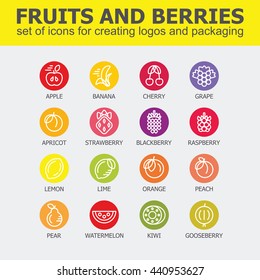 Fruit and berries icon collection - vector illustration. Fruit and berries icons set for creating logos and packaging. Fruit and berries line icons.