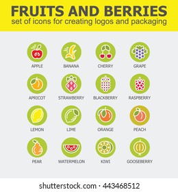 Fruit and berries icon collection - vector illustration. Fruit and berries icons set for creating logos and packaging. Fruit and berries line icons.