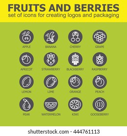 Fruit and berries icon collection - vector illustration. Fruit and berries icons set for creating logos and packaging. Fruit and berries line icons.