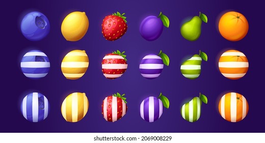 Fruit and berries icons for ui mobile game or casino slot machine. Vector cartoon set of food symbols, blueberry, orange, plum, strawberry, lemon and pear with white stripes