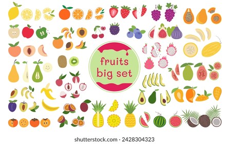Fruit and berries illustrations pack in flat design. Big set of fruit for stickers in simple style. 